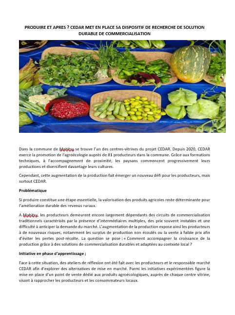 PRODUIRE ET APRES ? CEDAR MET EN PLACE SA DISPOSITIF DE RECHERCHE DE SOLUTION DURABLE DE COMMERCIALISATION